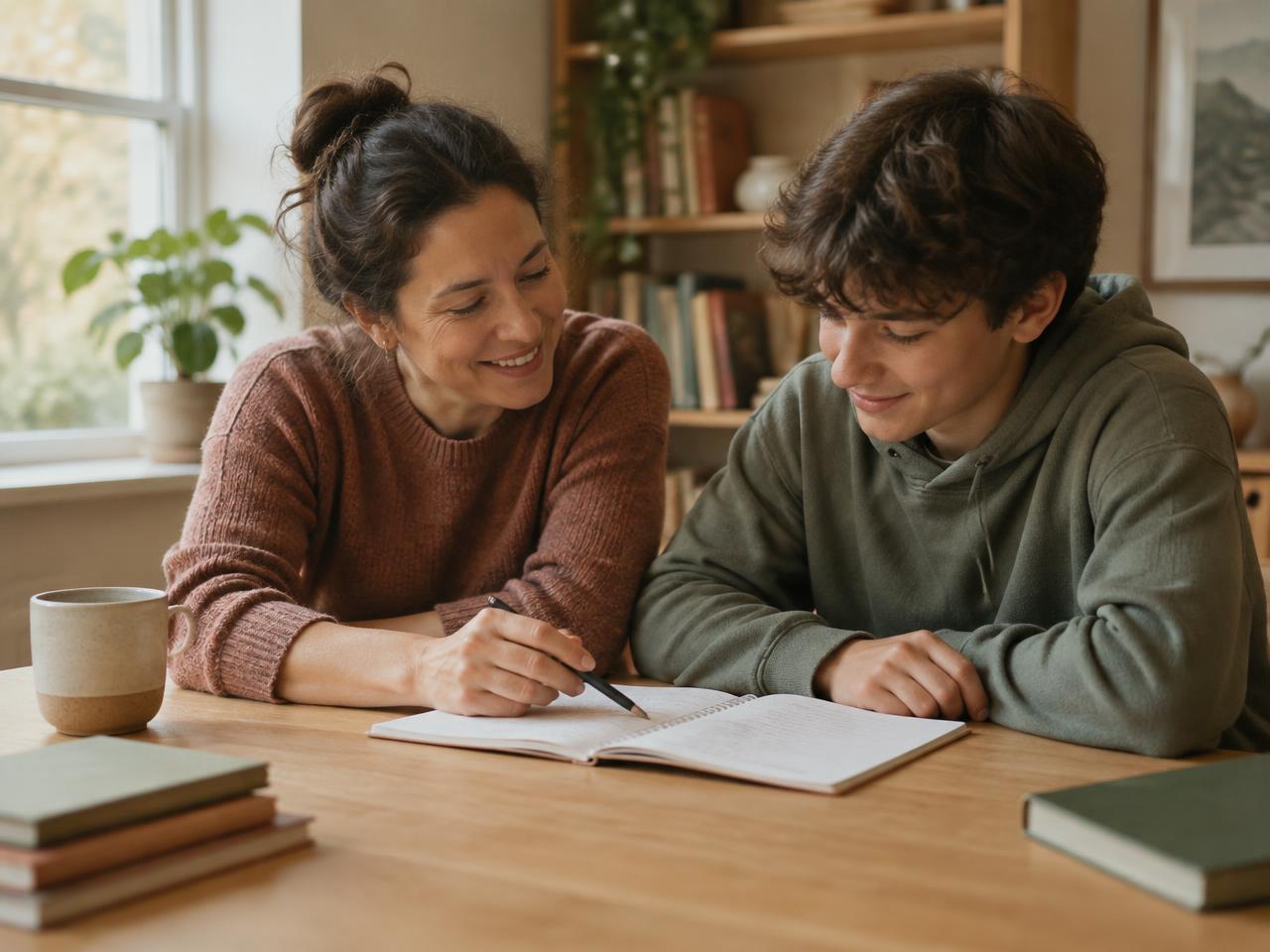 A parent and teenager learning together at a table